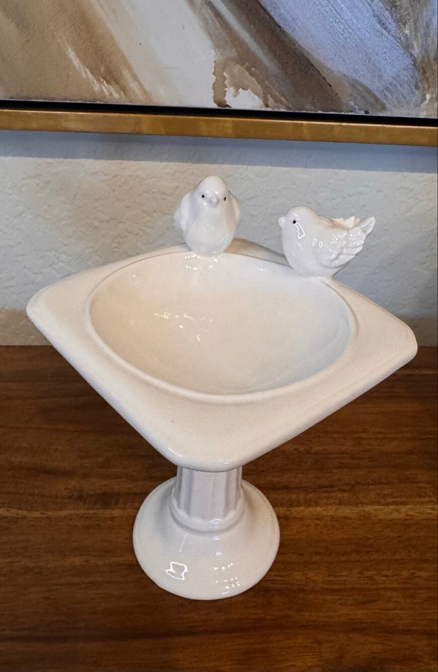 White Ceramic Pedestal Birdbath Soap Dish with Two Birds